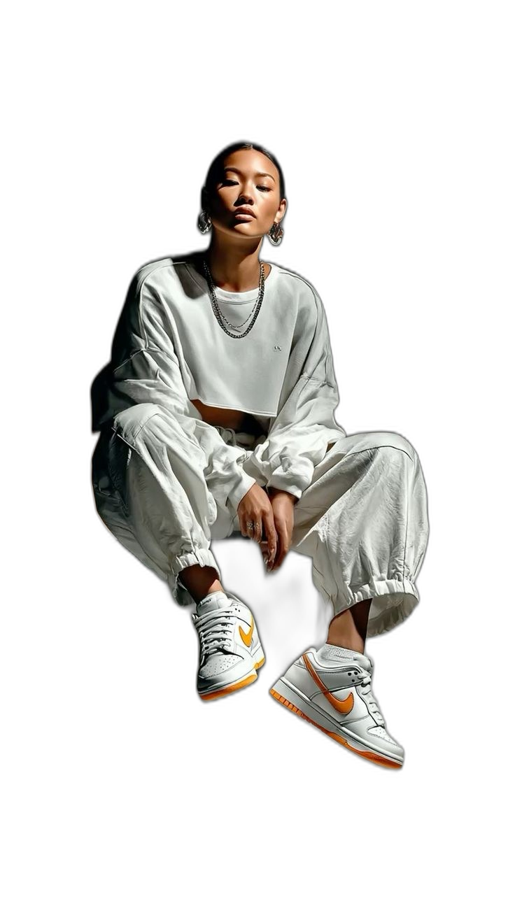 Female model in white oversized streetwear