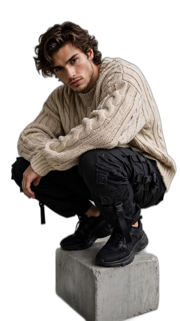 Male model in cream cable-knit sweater